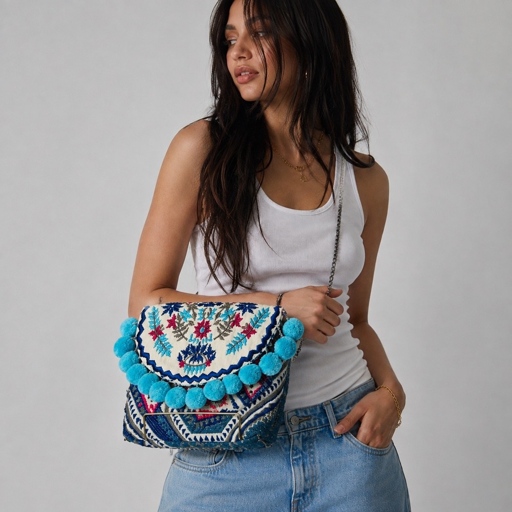 Paper Source Embroidered Pom Pom Crossbody Bag Blue Pink Boho Geometric Clutch